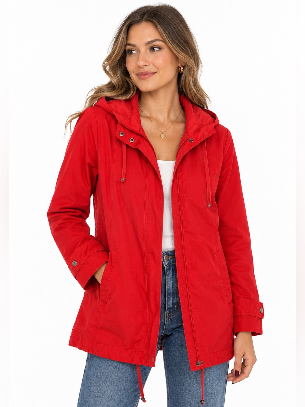 Eileen Fisher Petite Red Hooded Utility Rain Jacket PM